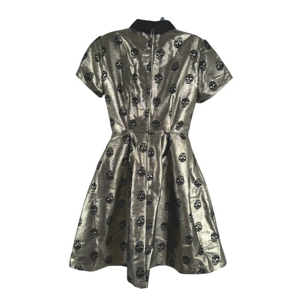 Modcloth Dress Size 6 Metallic Gold Black Skull Fit And Flare Party NWT DR-1842 - Picture 6 of 12